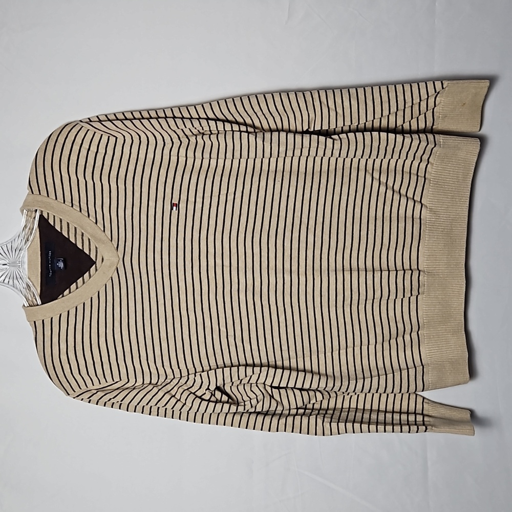 Men's Tommy Hilfiger Long Sleeve Sweater Tan with Brown Stripes Medium T7